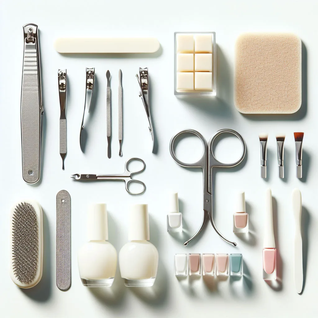 Bộ dụng cụ nail cơ bản bao gồm kềm cắt móng, dũa móng, buffer và cọ vẽ, được sắp xếp gọn gàng trên nền sáng.