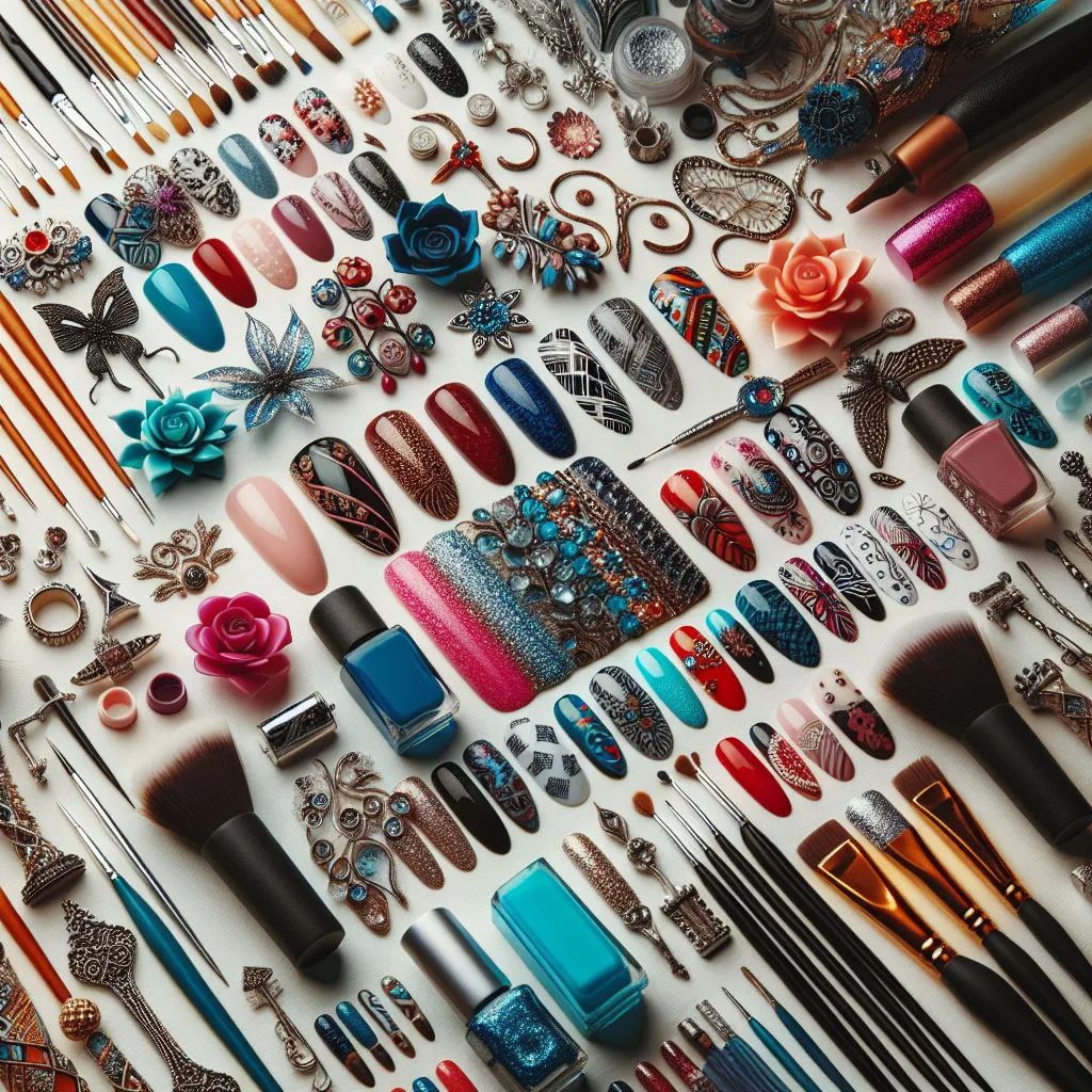 Bộ phụ kiện nail trang trí đầy màu sắc với các mẫu nail, cọ vẽ, chai sơn và họa tiết độc đáo, lý tưởng để tạo phong cách sáng tạo.