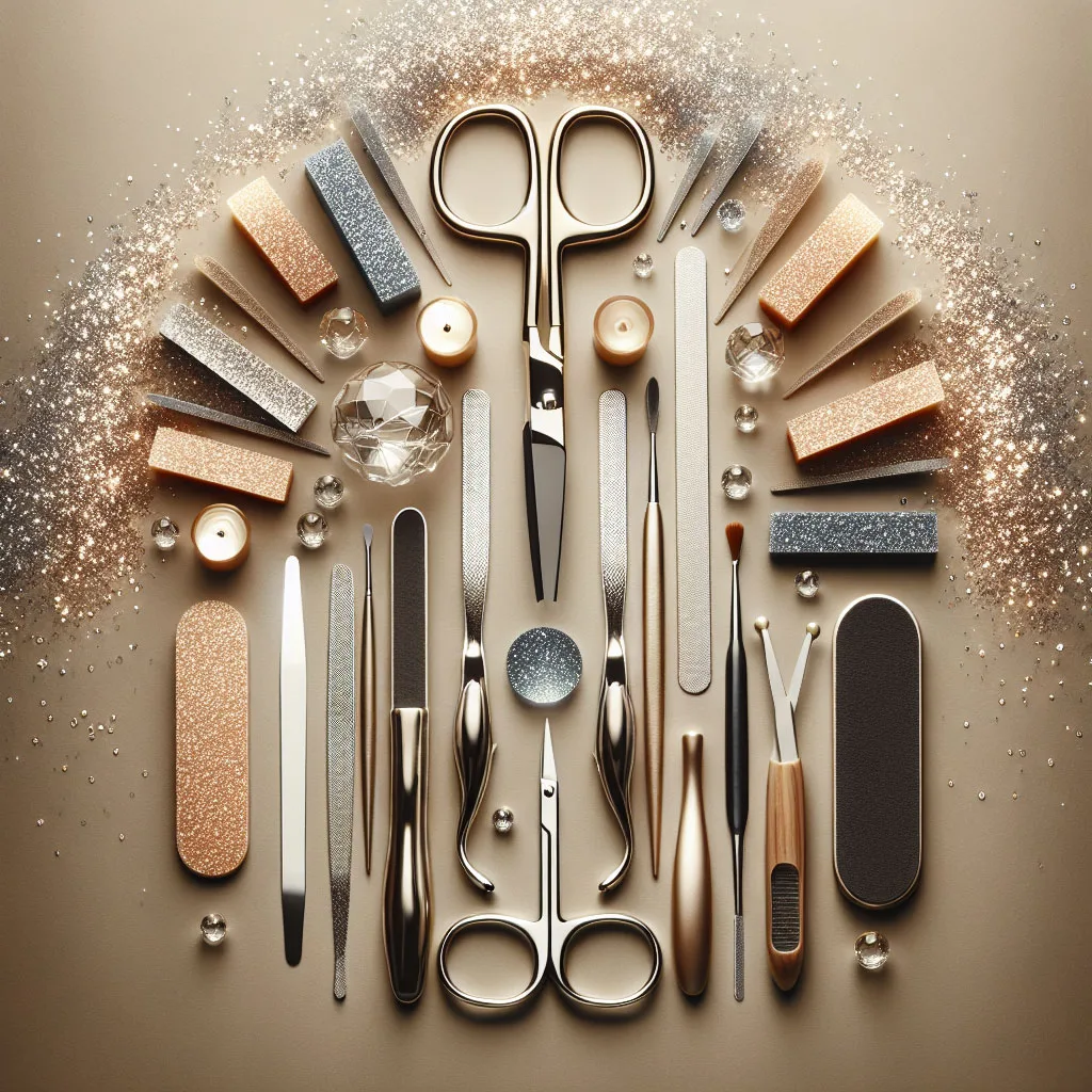 Dụng cụ nail cơ bản như kéo cắt móng, dũa móng và buffer được bố trí theo phong cách nghệ thuật với ánh sáng lung linh.