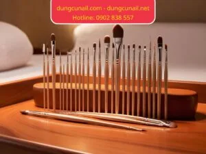 Bộ cọ vẽ nail chuyên nghiệp được sắp xếp gọn gàng trên khay gỗ, phù hợp để tạo ra các thiết kế móng tinh xảo trong không gian spa ấm cúng.