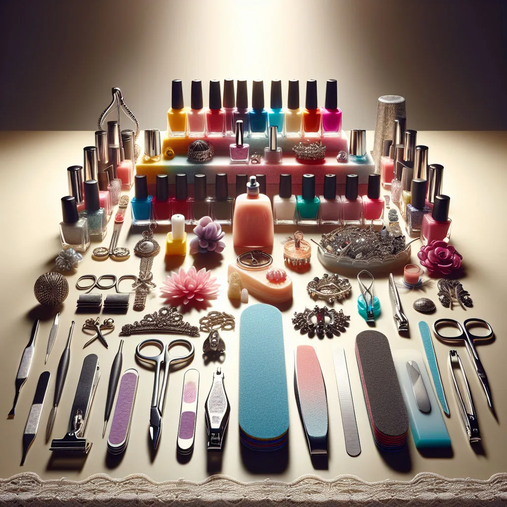Bộ dụng cụ nail đa dạng với sơn móng tay, kềm cắt, dũa móng và các phụ kiện trang trí được sắp xếp trên nền sáng.